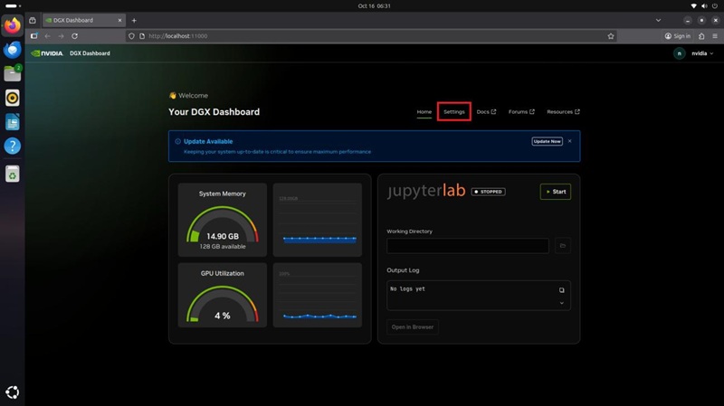 Ubuntu, su panel de control de DGX