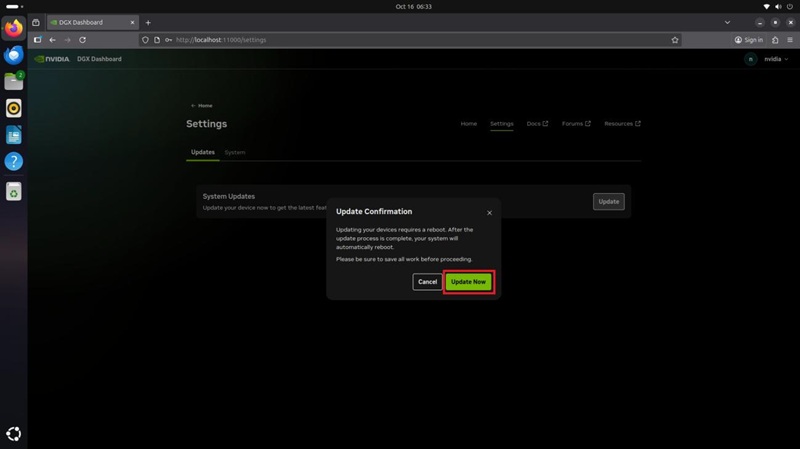 Ubuntu, su panel de control de DGX, confirmación de actualización
