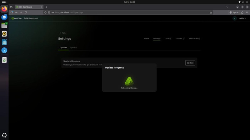 Ubuntu, su panel de control DGX, reinicio del dispositivo