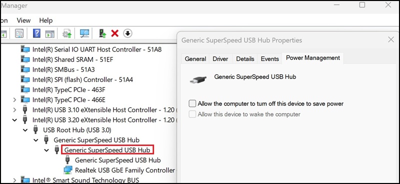 Windows 11 裝置管理員，一般 SuperSpeed USB 集線器屬性