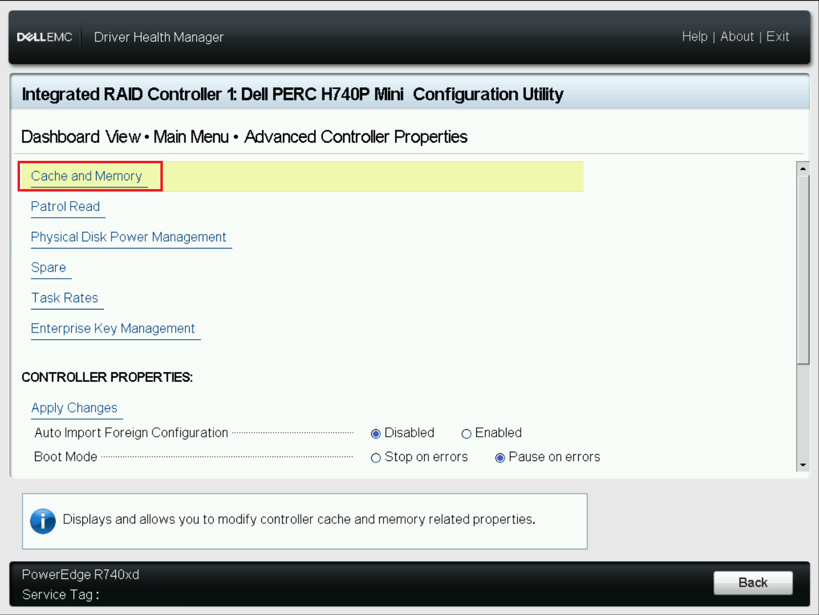 Selezionare Cache and Memory