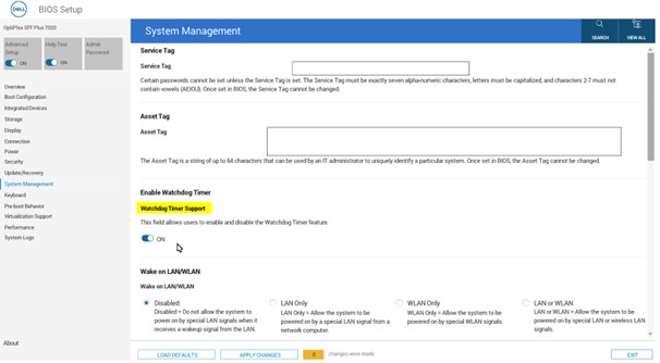 Watchdog Timer Support -asetus BIOSissa