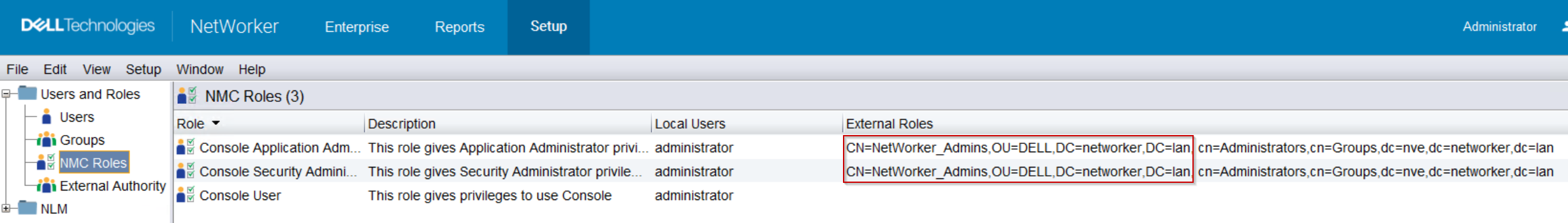 Champ External Roles des paramètres des rôles NMC