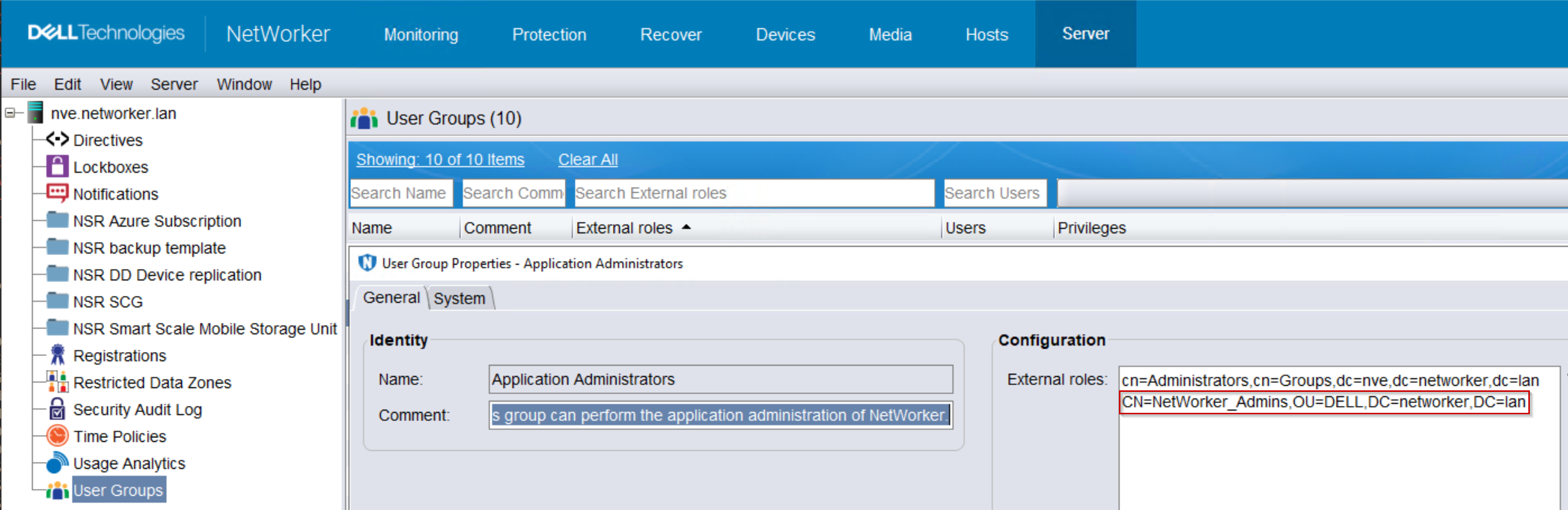 Il gruppo AD è definito nel campo External roles del gruppo di utenti NSR Application Administrator