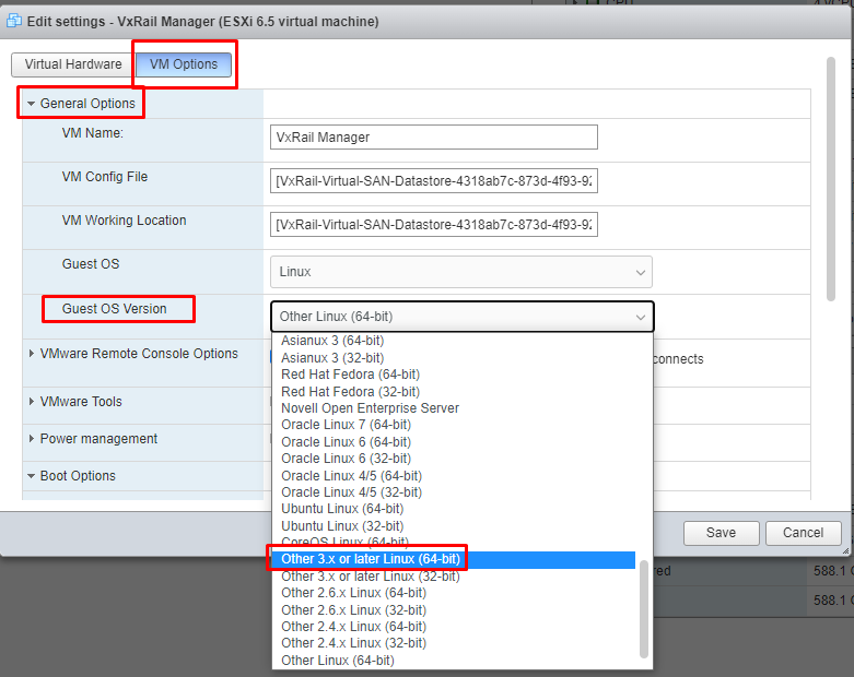 VxRail Manager UI — 虚拟机选项