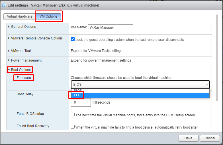 Interfaccia utente di VxRail Manager - Opzioni delle VM