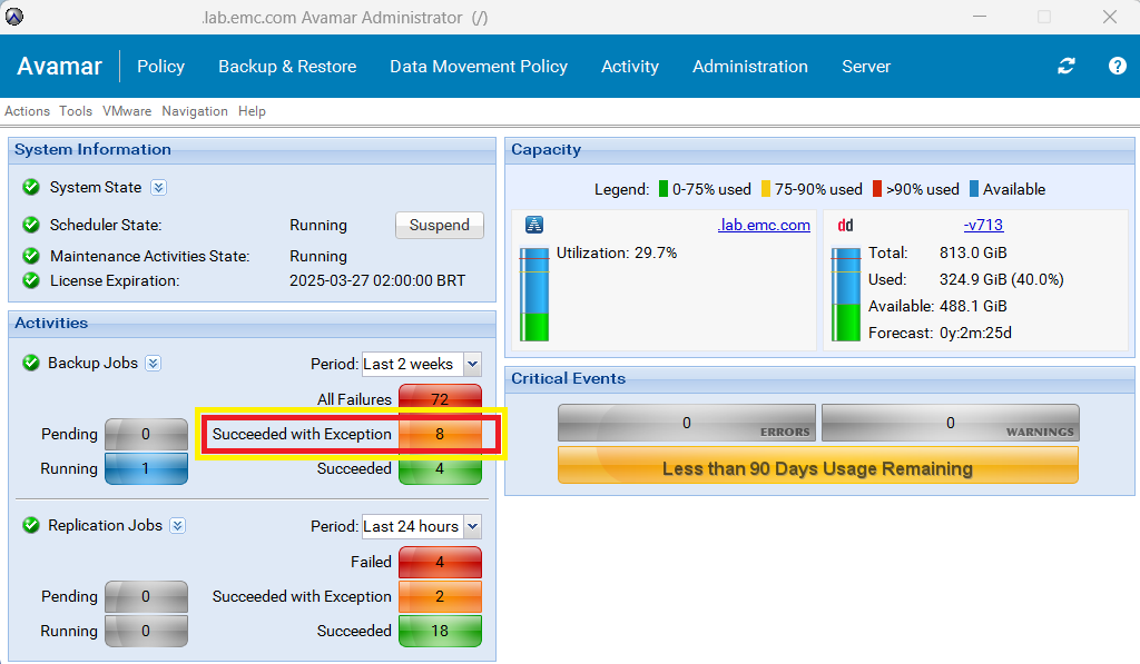 Avamar Administrator -konsolin käynnistysikkuna
