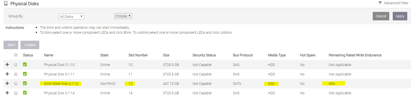 Část Physical Disks v uživatelském rozhraní