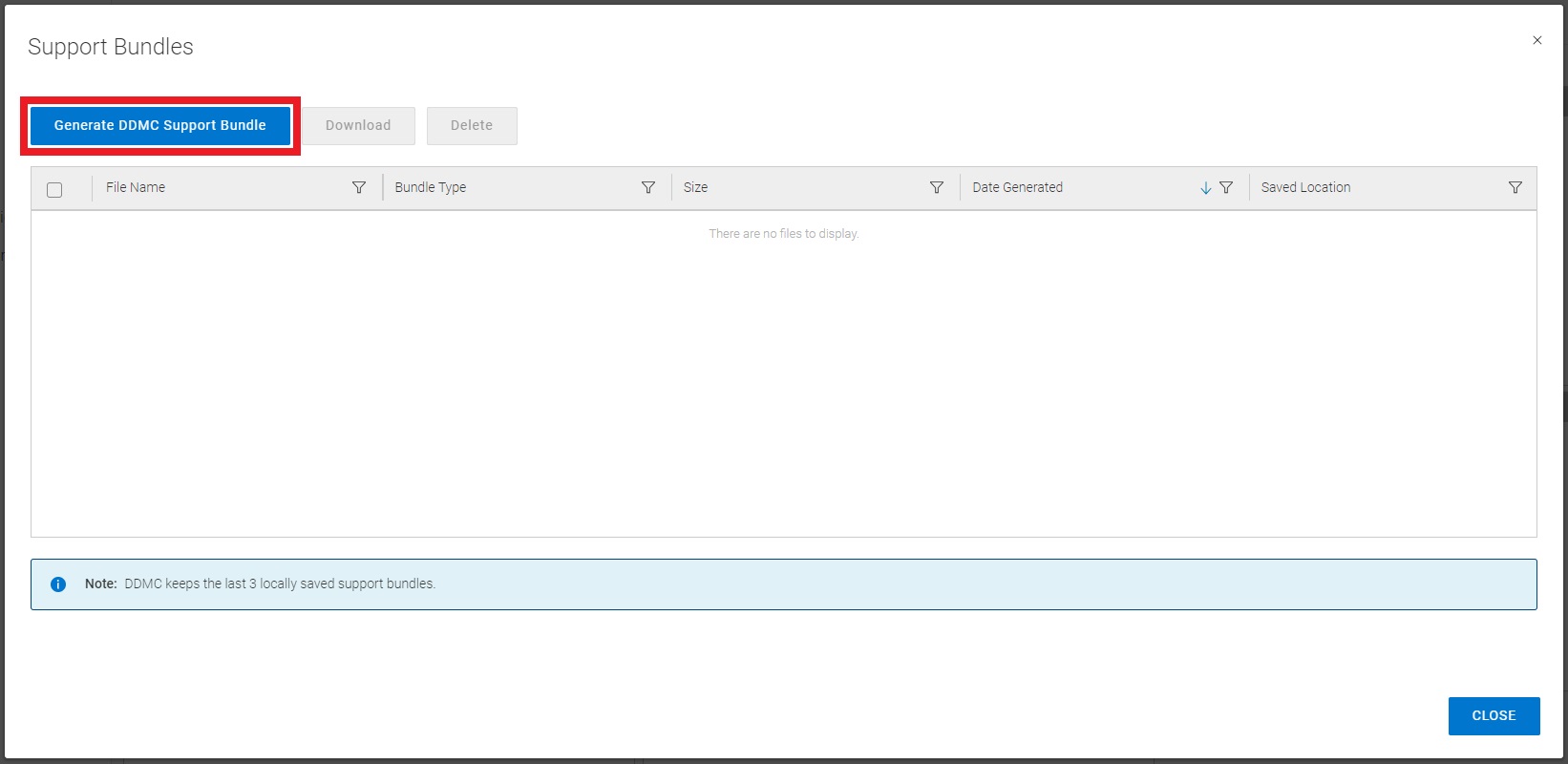 Screenshot of the Support Bundle window in the DDMC 7.7 user interface. A blue button labeled "Generate DDMC Support Bundle" is highlighted with a red box drawn on the image.