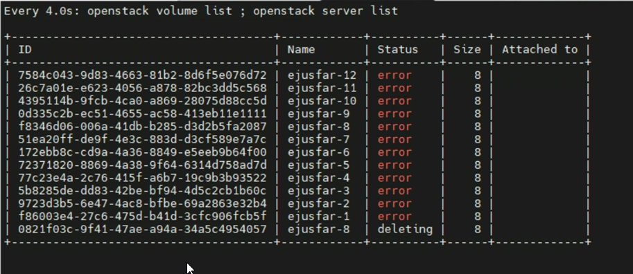 Capture d’écran de la liste de serveurs OpenStack avec erreur