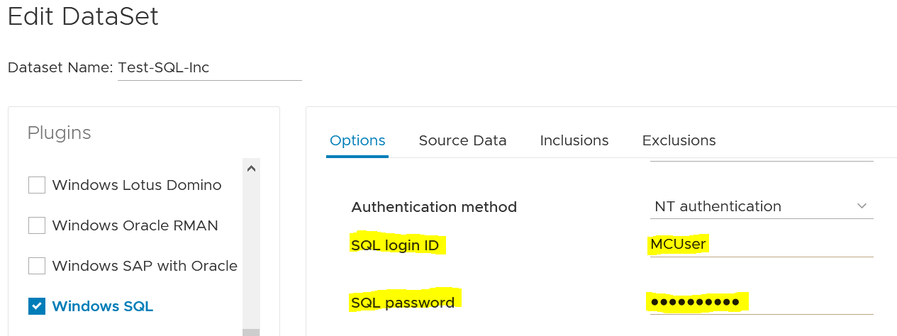 Scherm Avamar UI dataset bewerken
