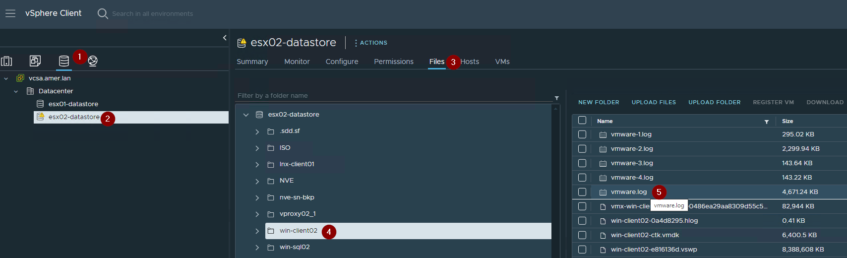 Voorbeeld van het vinden van vmware.log in VMware