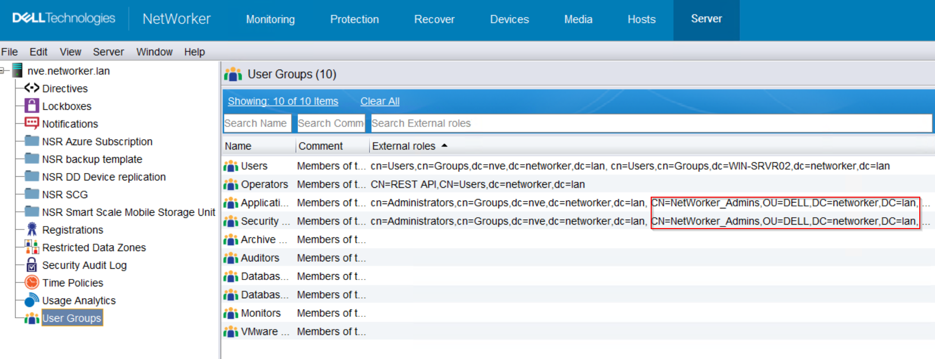 Configurando grupos de usuários nsr com usuários ou grupos externos