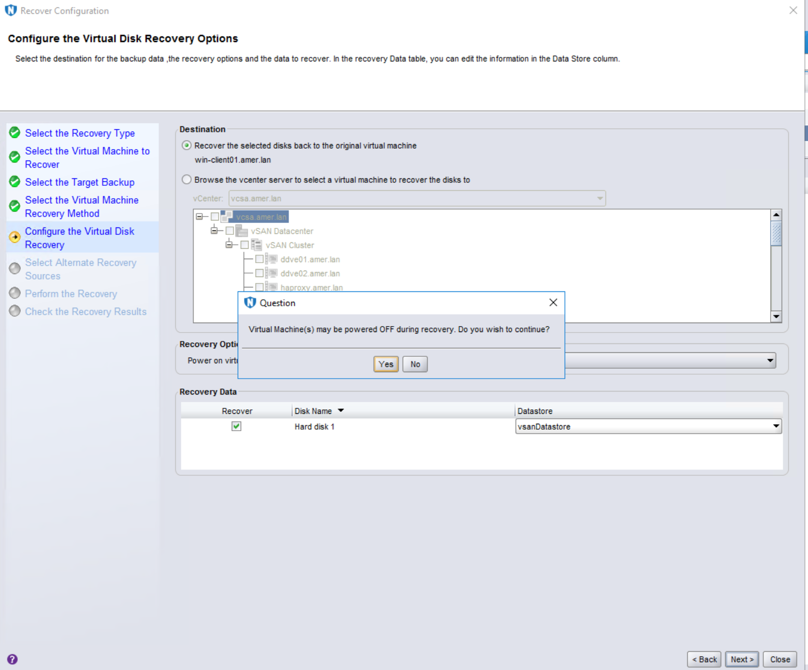 NMC 警告虚拟机将在还原期间关闭