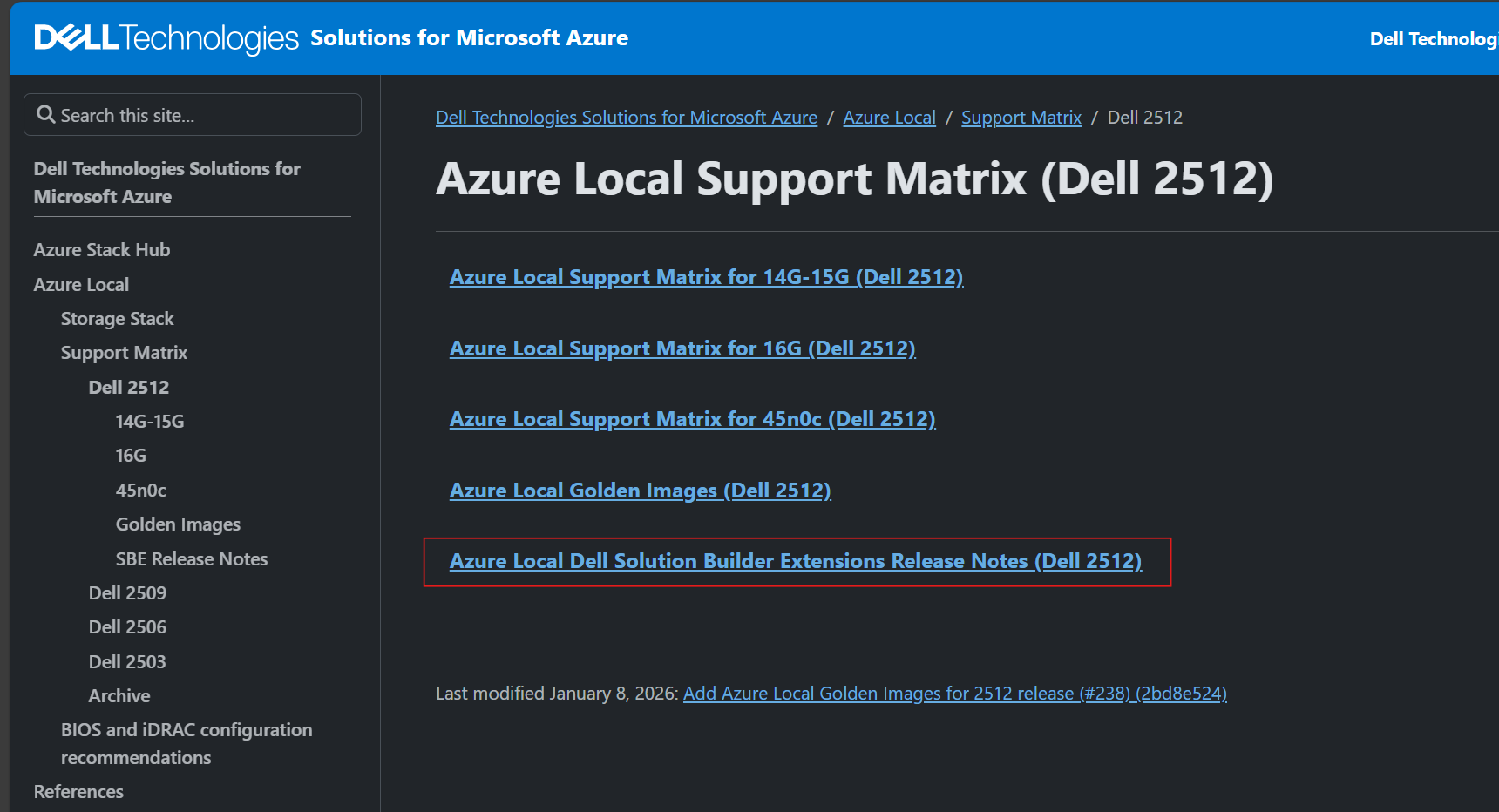 Schermafbeelding van de Azure Local Supportmatrix voor versie 2512