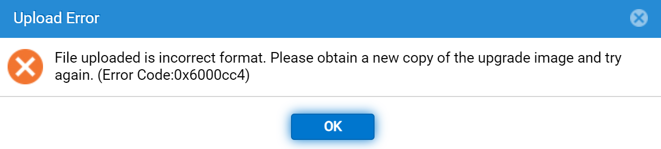Mensagem de erro detalhando que o pacote de upgrade está em um formato incorreto.