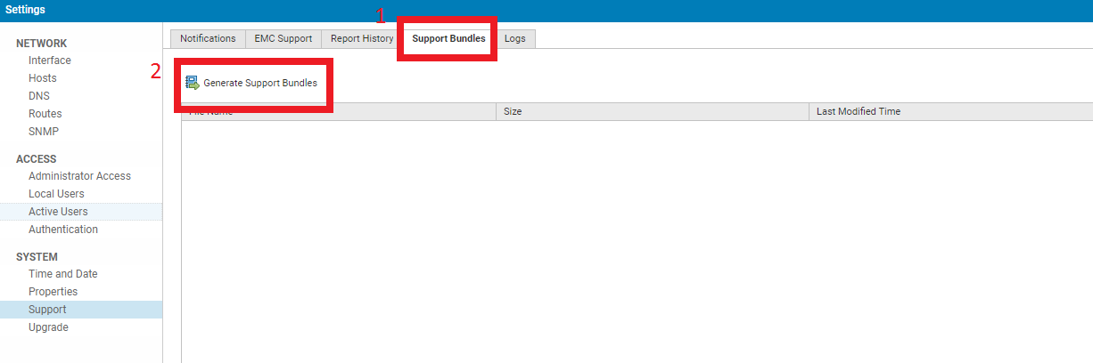 DDDMC 用户界面版本 6.x 中的“Support Bundle”窗口的屏幕截图。标有“Support Bundles”的选项卡和标有“Generate Support Bundles”的按钮用图像上绘制的红色框突出显示，按顺序编号为 1 和 2。