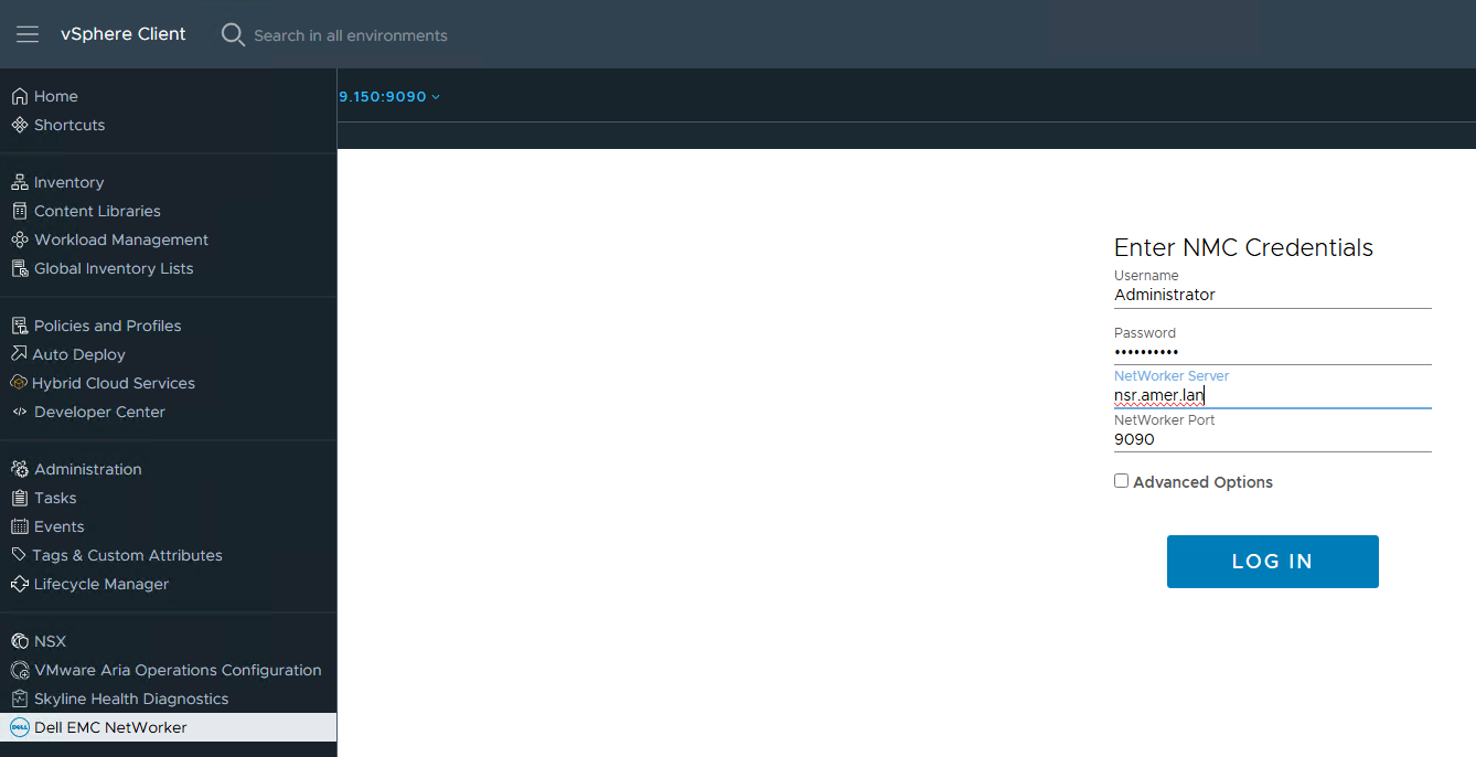 Écran de connexion de Dell EMC NetWorker vSphere Plugin