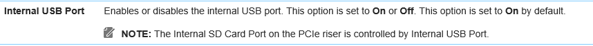 Extracto de la guía del usuario que muestra las opciones de configuración del puerto USB interno.