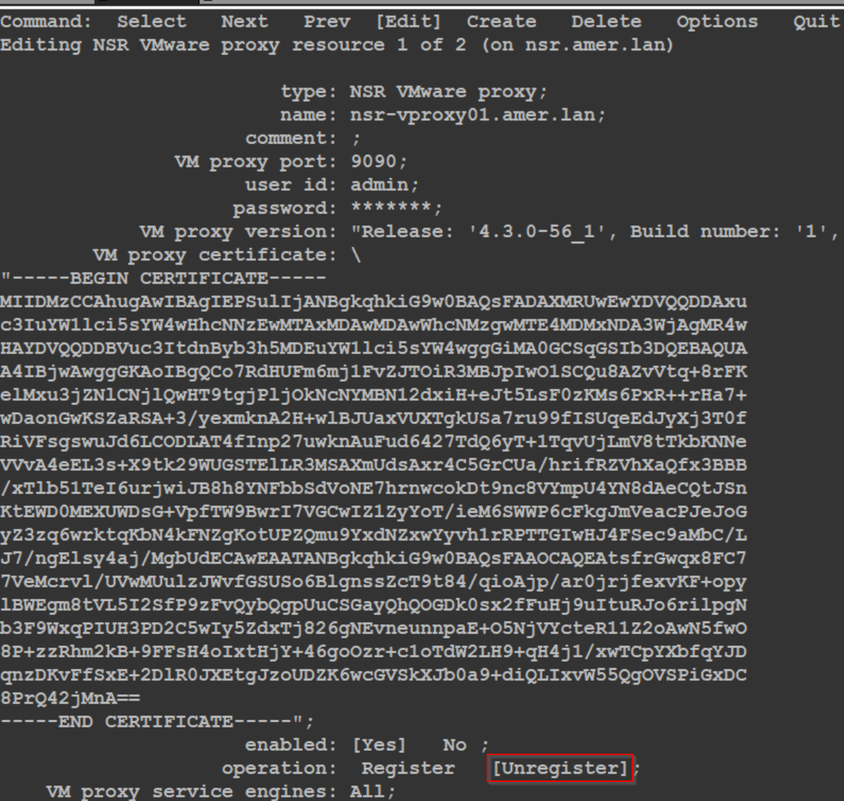 Отмена регистрации устройства vProxy в визуальном режиме nsradmin