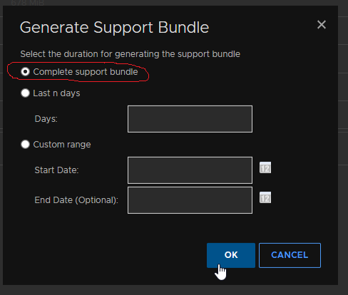 Selecting Complete support bundle option on the Generate Support Bundle window
