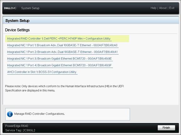 Selección de controladora RAID integrada en la configuración del dispositivo BIOS