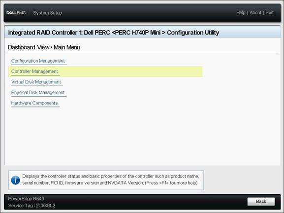 Selección de administración de la controladora del menú principal de configuración RAID