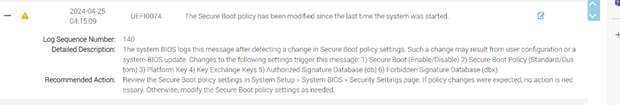 UEFI0074 message dans le journal Lifecycle