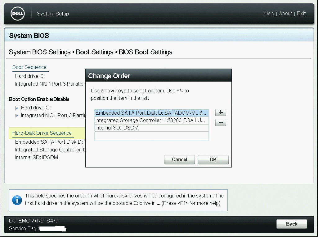 Captura de pantalla de la configuración del BIOS de la orden de cambio