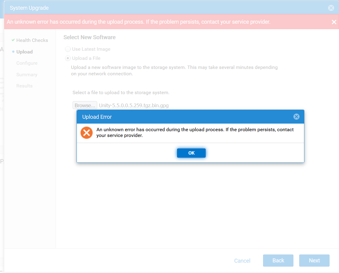 Afbeelding beschrijft een onbekende fout tijdens het uploaden van een upgradebestand