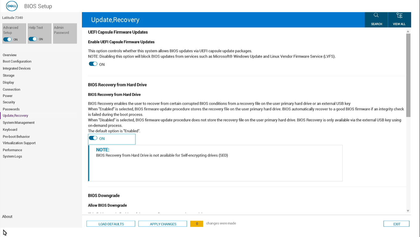 Latitude 的 BIOS 设置中启用了 BIOS Recovery from Hard Drive 选项