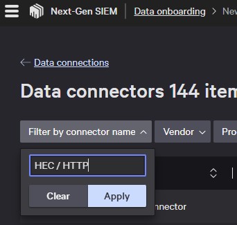 Clique em Filtrar pelo nome do conector e digite o conector de evento HEC/HTTP
