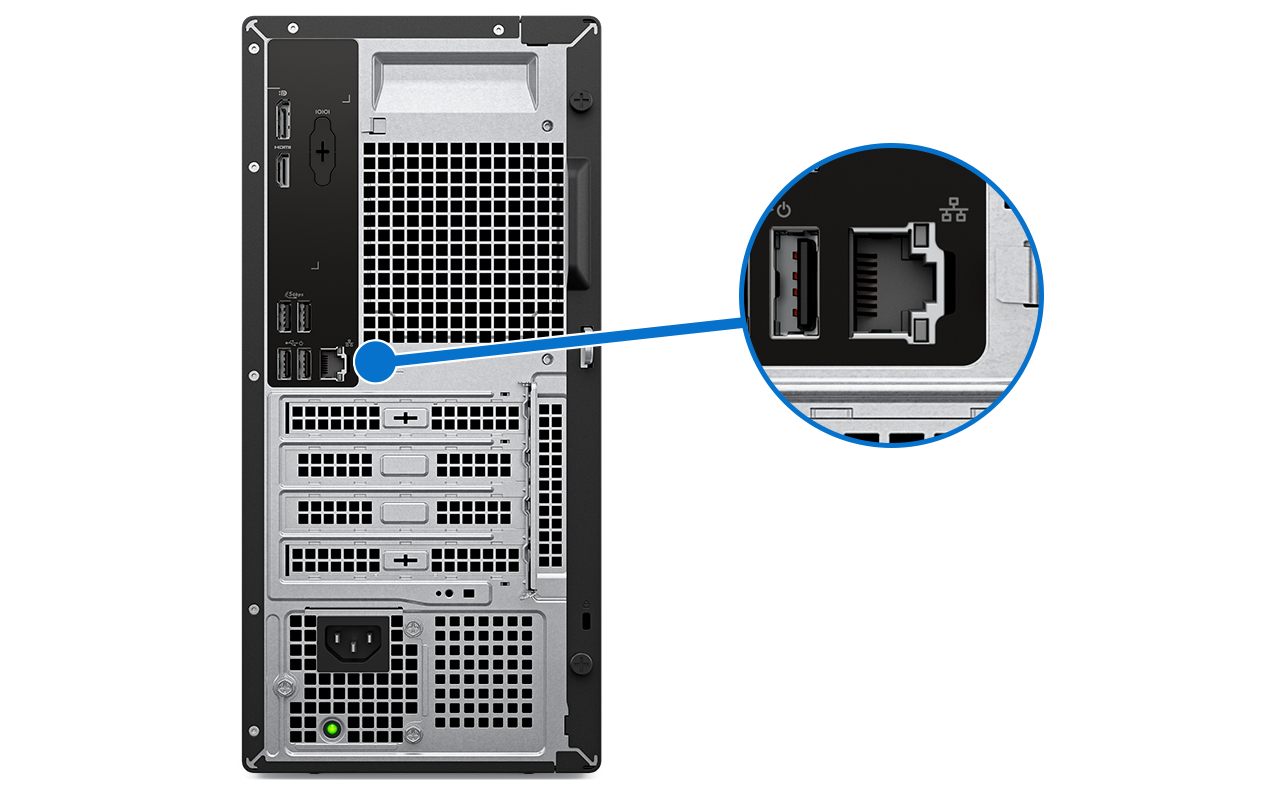Widok z tyłu komputera stacjonarnego w obudowie typu tower, na którym widać wiele portów łączności, ze zbliżeniem na port Ethernet RJ-45