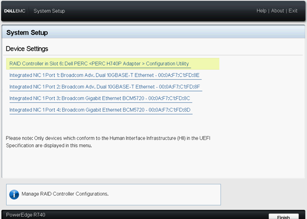 Configuración del sistema - Configuración del dispositivo - Selección de PERC
