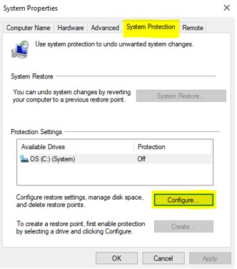 Onglet Protection du système et bouton Configurer