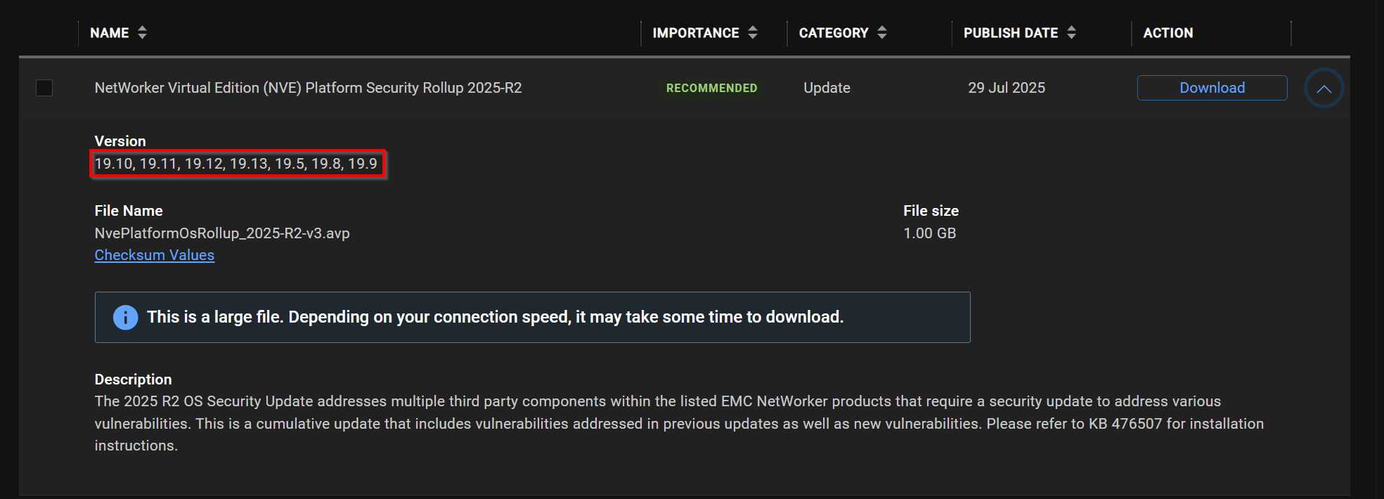 Downloadseite für NVE OS-Version