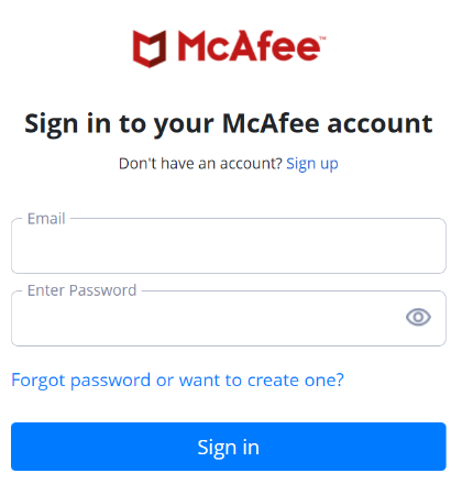 Pantalla de inicio de sesión de McAfee
