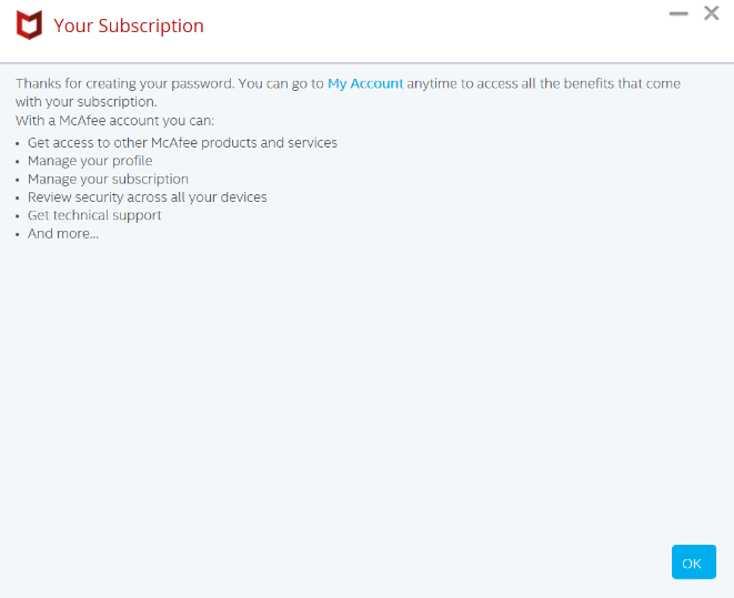 Potvrzení vytvořeného hesla McAfee