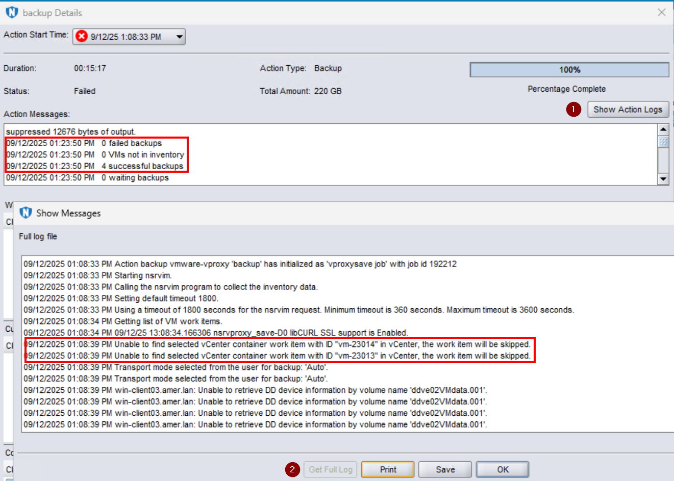 Il log delle azioni di backup mostra che gli oggetti contenitore delle VM vengono ignorati