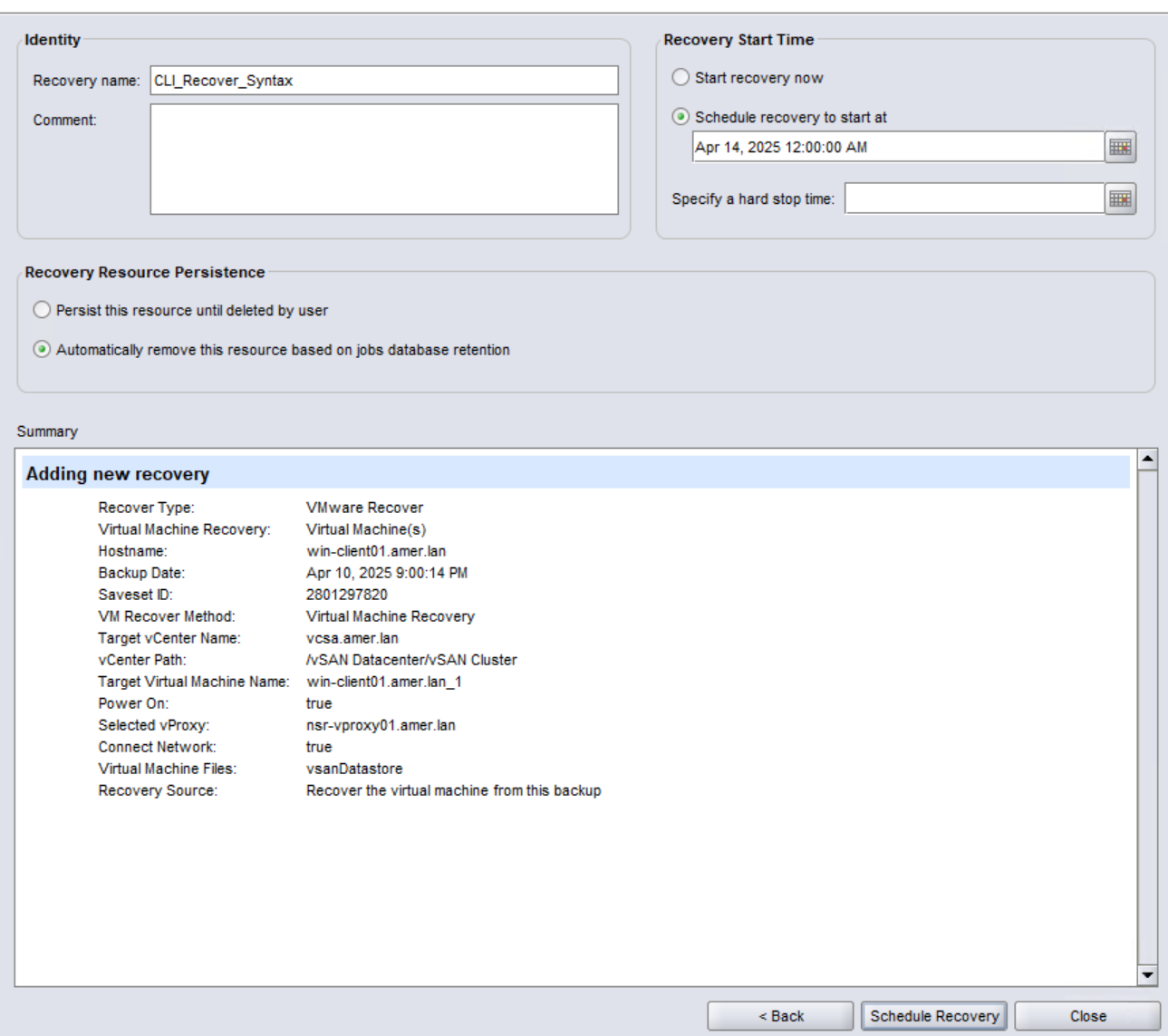 Pianificazione del ripristino per generare il comando nsrvproxy_recover