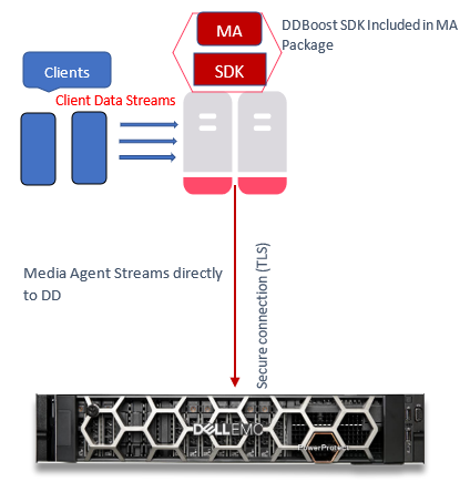 Grafik, die Client-Datenstreams beim Schreiben in Commvault und dann in Data Domain zeigt. Das DDBoost SDK ist im Commvault Media Agent (MA)-Paket enthalten. MA streamt über eine sichere TLS-Verbindung direkt an die DD.