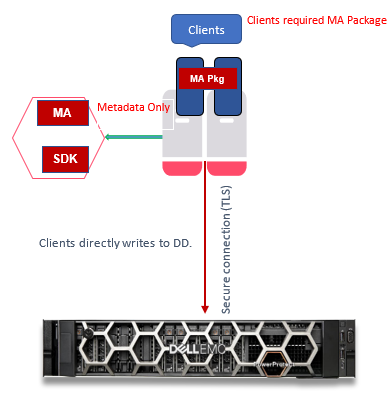 Die Grafik zeigt, wie Clientdaten direkt in Data Domain gesichert werden, wobei Metadaten mit dem erforderlichen Media Agent-Paket auf den Clients an Commvault gesendet werden. Clients schreiben über eine sichere TLS-Verbindung in die DD.