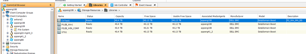 Capture d’écran de l’interface utilisateur Commvault présentant une nouvelle bibliothèque de stockage Client Direct répertoriée sous « Librairies ».