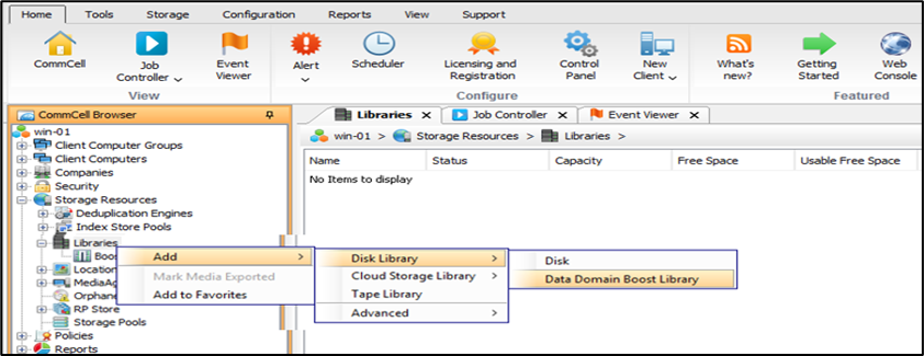 次のネストされたサブメニューがアクティブな Commvault ユーザー インターフェイスのスクリーンショット: [Libraries]、[Add]、[Disk Library]、[Data Domain Boost Library]。