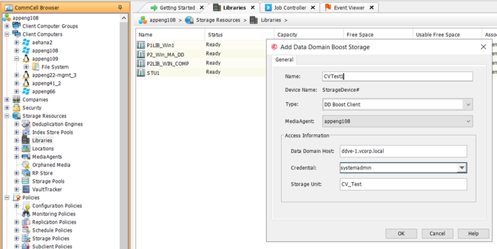 [Add Data Domain Boost Storage]ウィンドウが開いたCommvaultユーザー インターフェイスのスクリーンショット。