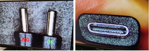 Todelt billede, der viser bøjet USB-C-metalstik mærket NG ved siden af lige stik mærket OK til venstre og nærbillede af USB-C-portens indre med manglende eller ødelagte ben til højre