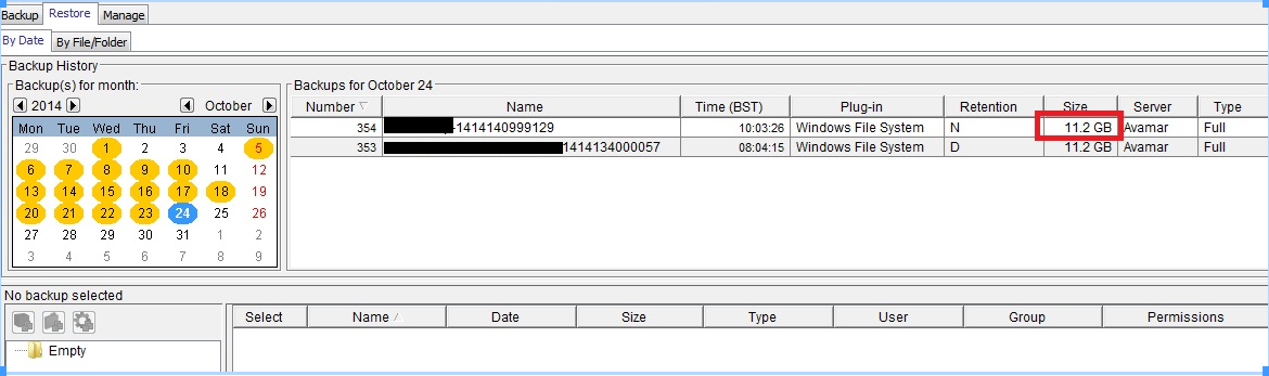 Die Benutzeroberfläche für die Wiederherstellung von Avamar Administrator zeigt als Backupgröße 11,2 GB an.