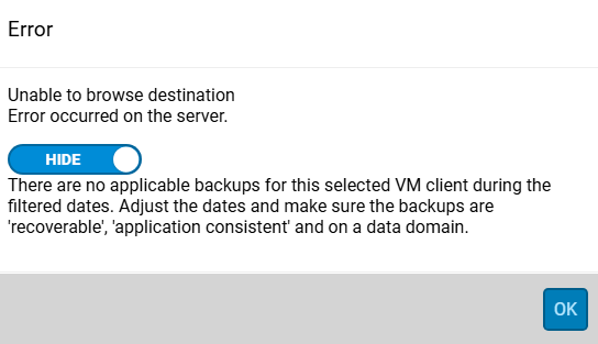 Der er ingen sikkerhedskopier for den valgte VM