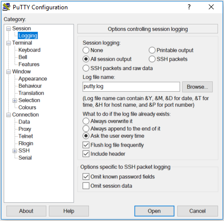 Selecione All session output e procure um destino