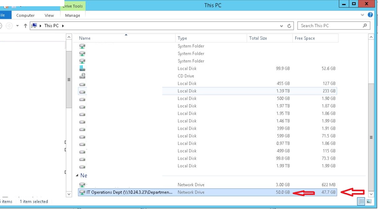 Windowsでのドライブ サイズのリスト